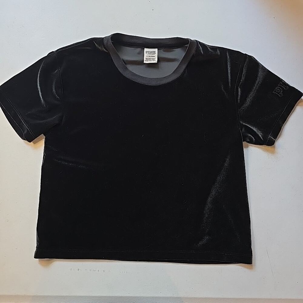 Victorias Secret PINK Tee Shirt Crop Soft Crushed Velvet Size Small S Black